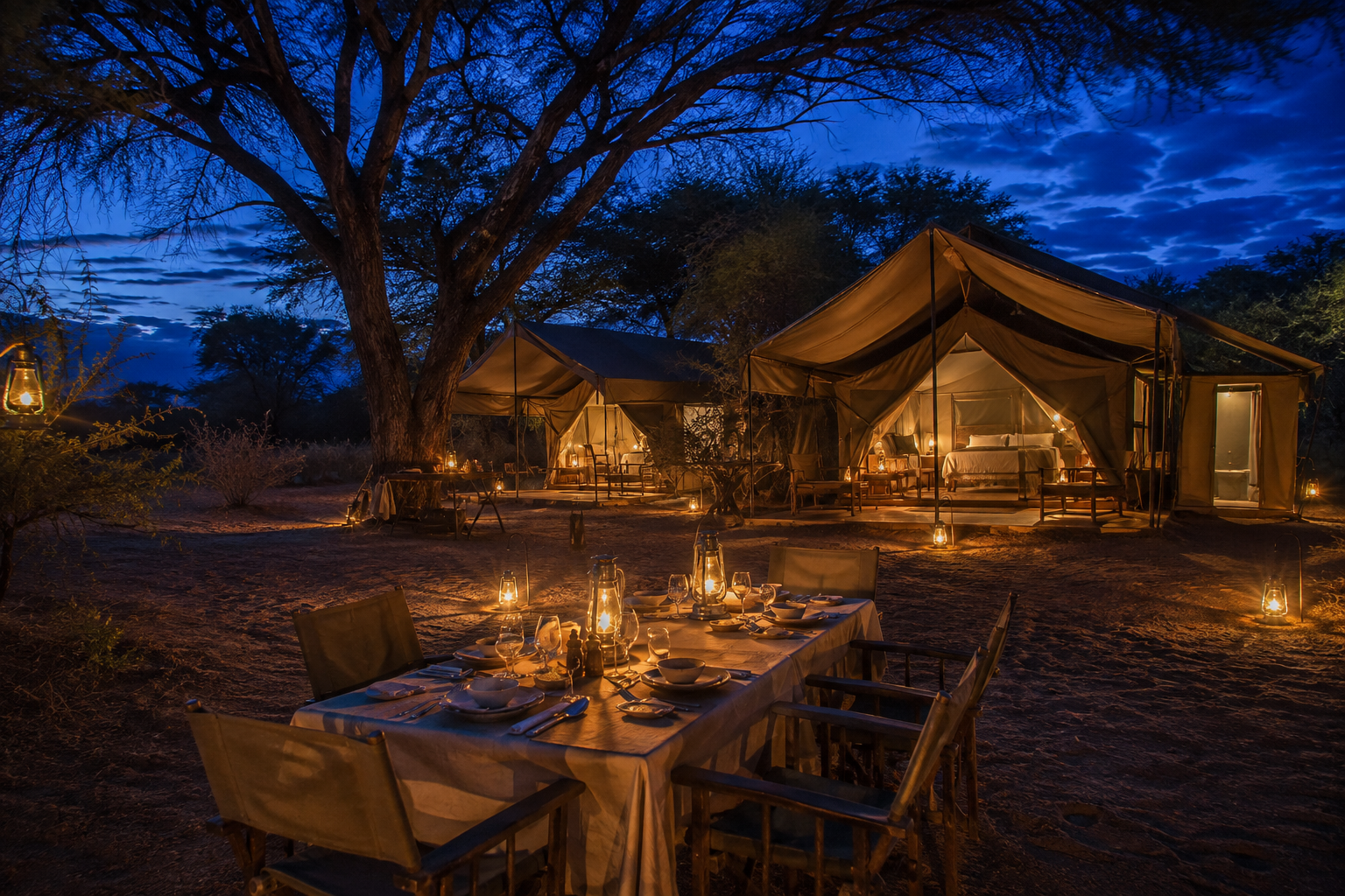 Safari Addicts mobile camp beneath tall trees in Botswana